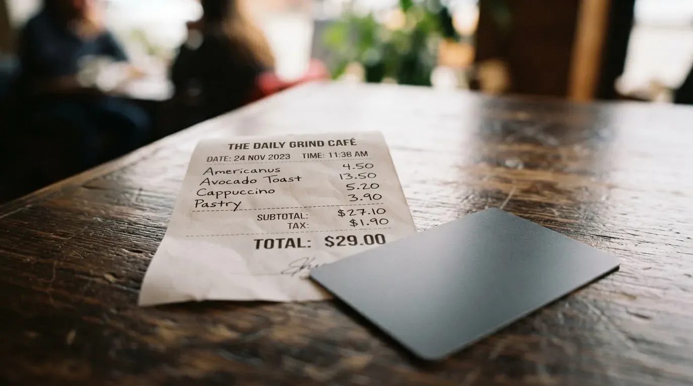 A receipt and a card on a café table