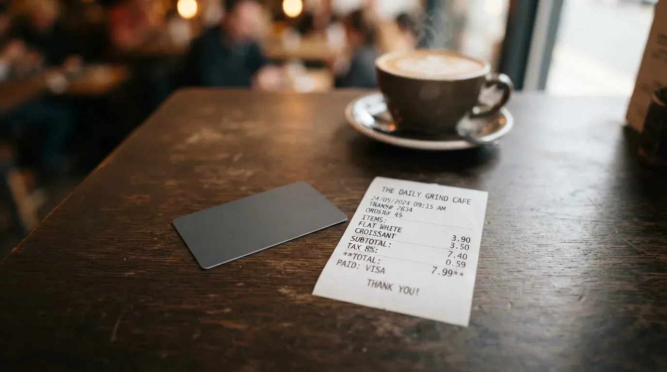 A receipt and a card on a café table