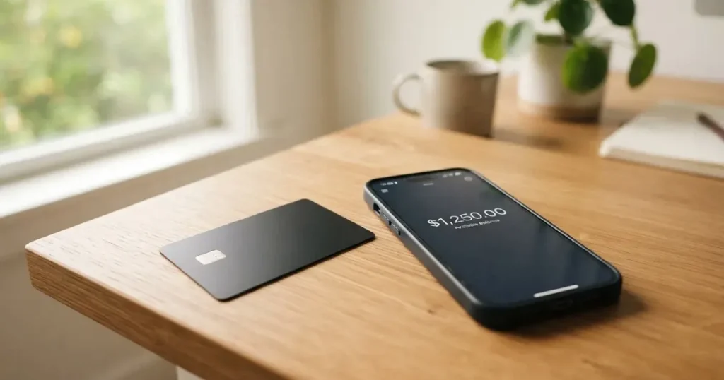 A payment card next to a phone with a crypto wallet app open
