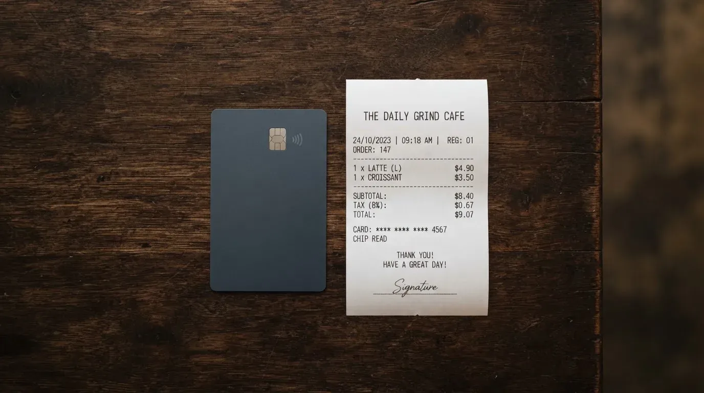 A receipt and a card on a café table