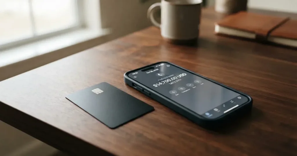 A payment card next to a phone with a crypto wallet app open
