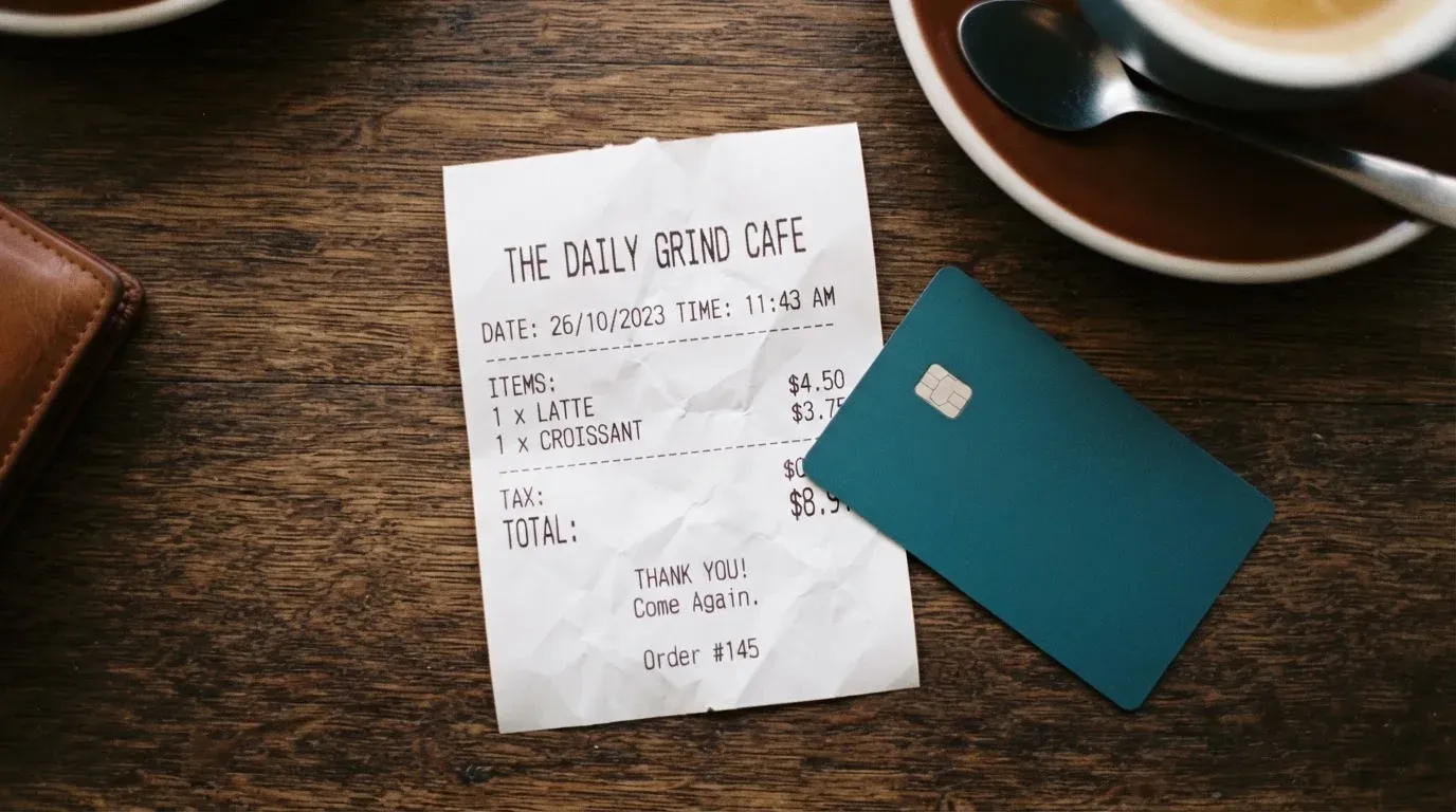 A receipt and a card on a café table