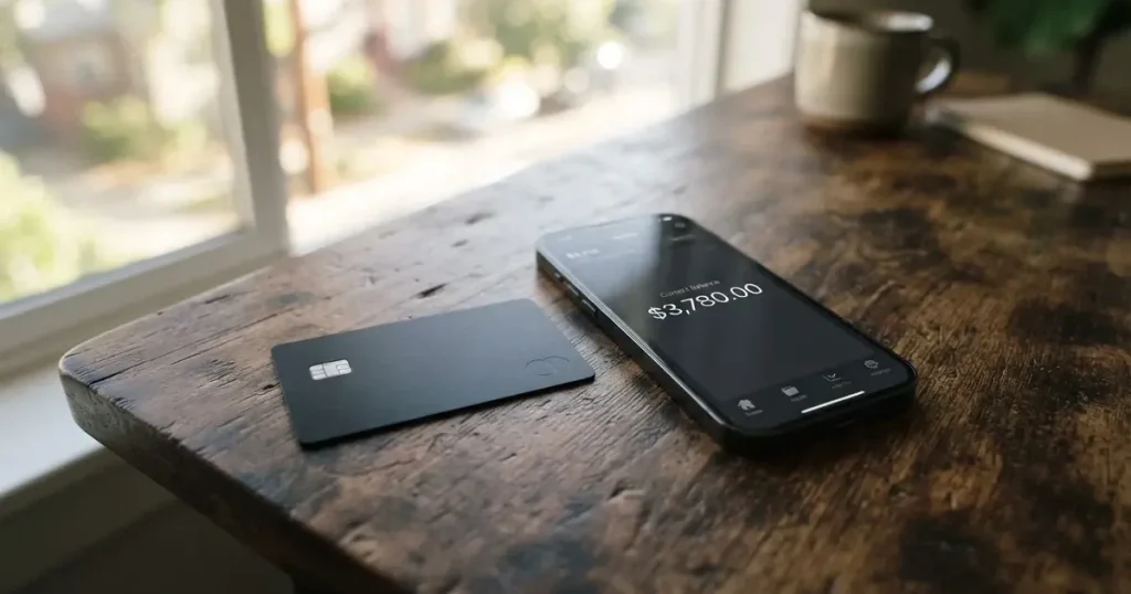 A payment card next to a phone with a crypto wallet app open