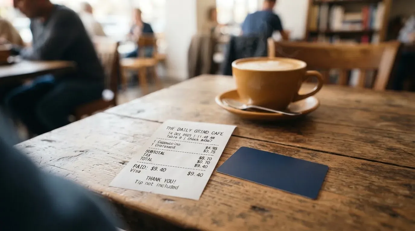 A receipt and a card on a café table