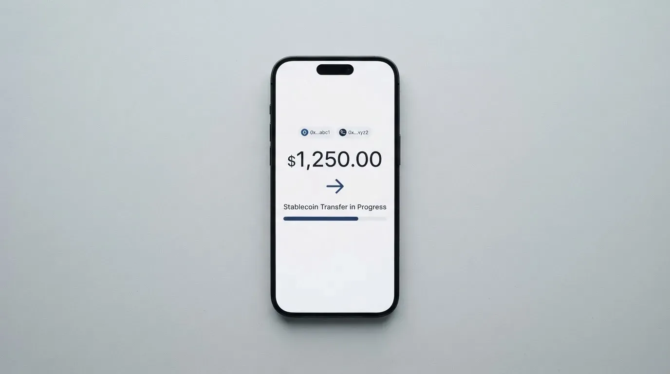 A phone showing a stablecoin transfer screen