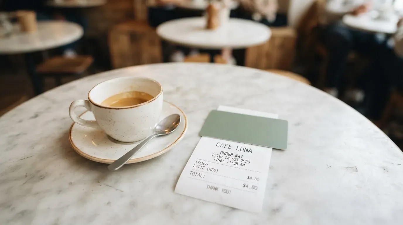 A receipt and a card on a café table