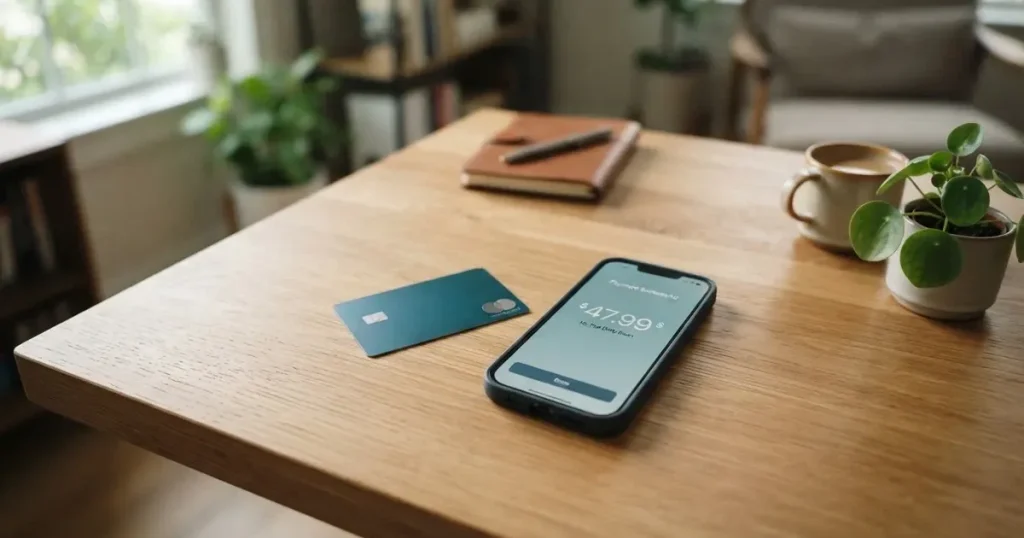 A payment card next to a phone with a crypto wallet app open