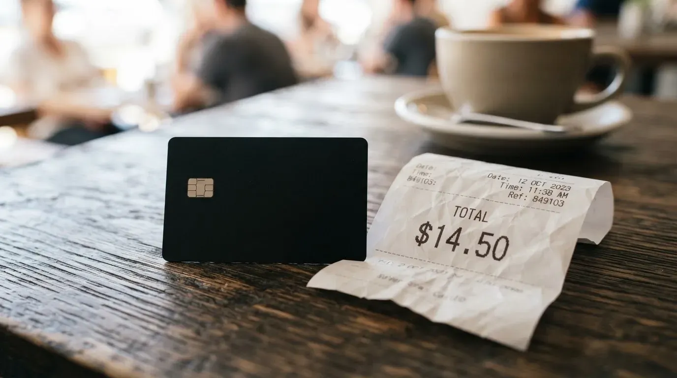 A receipt and a card on a café table