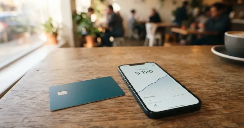 A payment card next to a phone with a crypto wallet app open