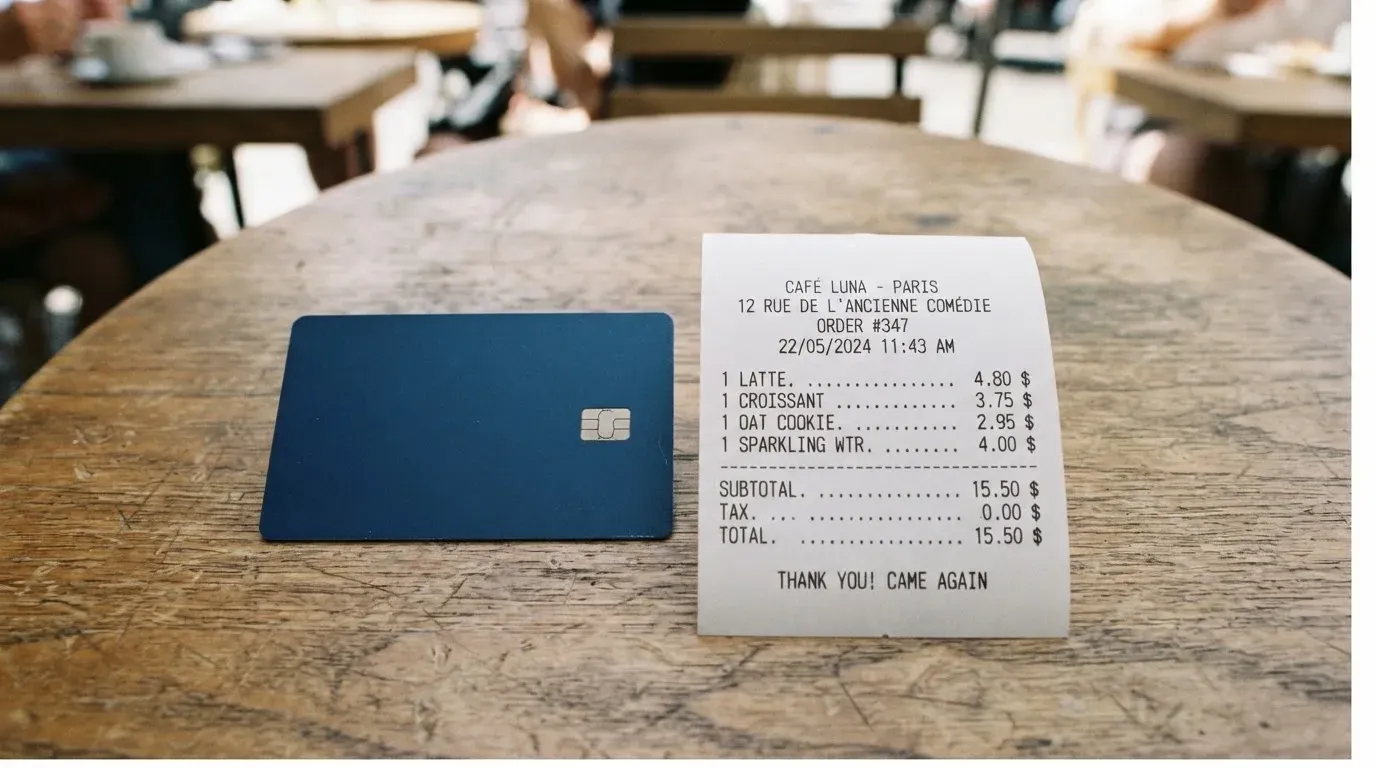 A receipt and a card on a café table