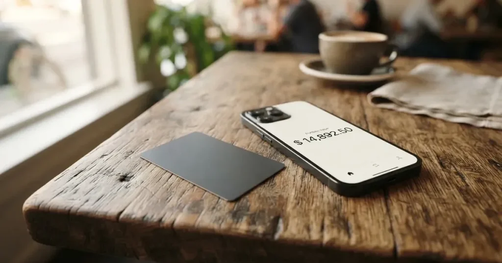 A payment card next to a phone with a crypto wallet app open