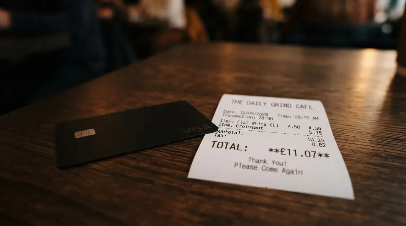 A receipt and a card on a café table