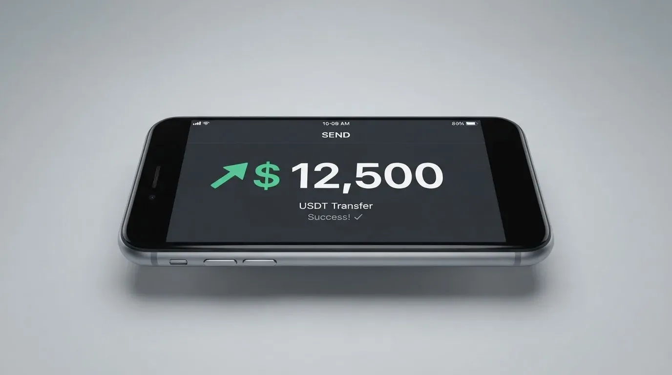 A phone showing a stablecoin transfer screen