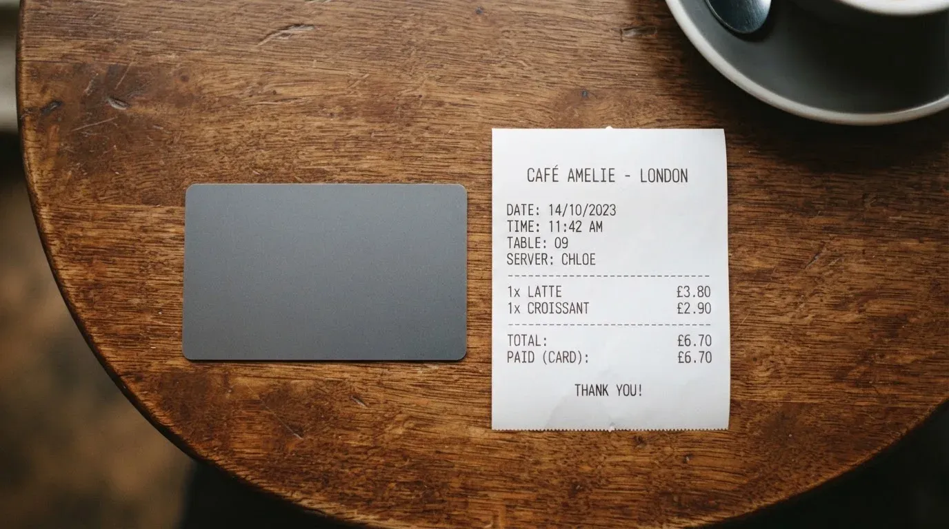 A receipt and a card on a café table
