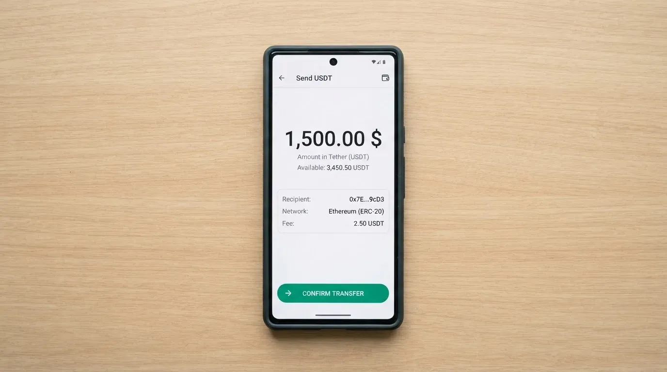 A phone showing a stablecoin transfer screen