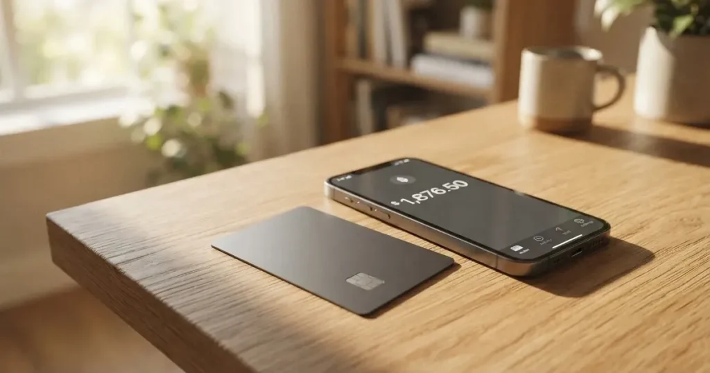 A payment card next to a phone with a crypto wallet app open