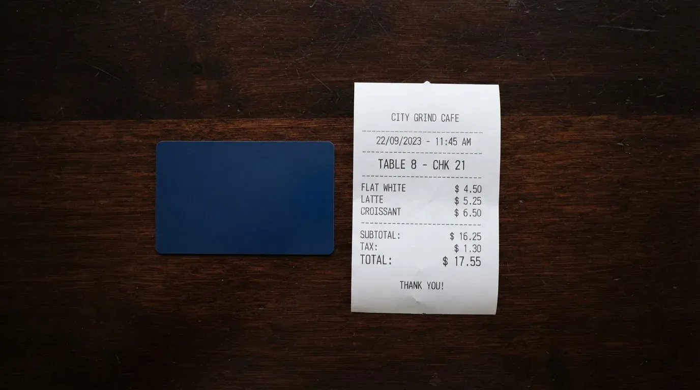 A receipt and a card on a café table