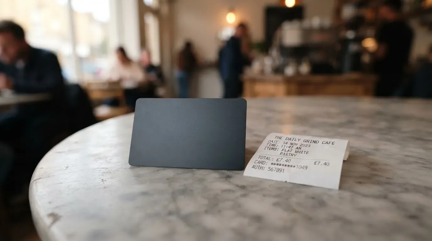 A receipt and a card on a café table