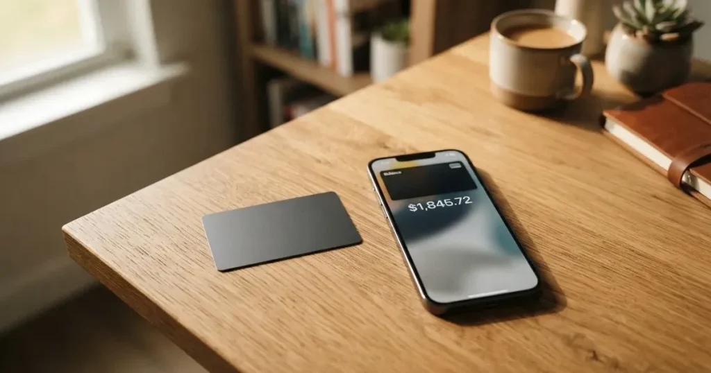 A payment card next to a phone with a crypto wallet app open