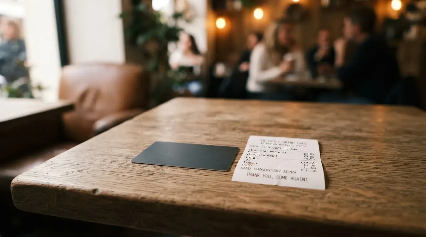 A receipt and a card on a café table