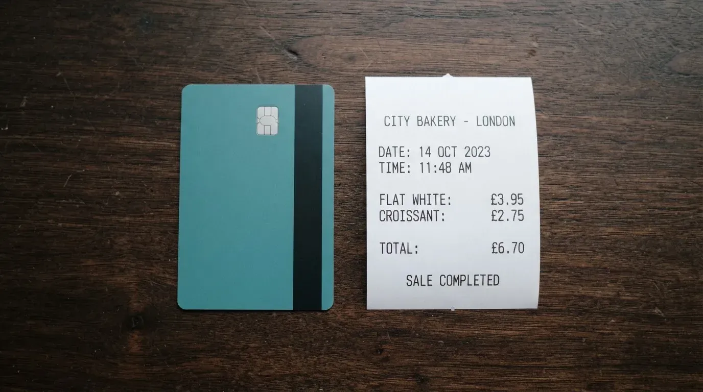 A receipt and a card on a café table