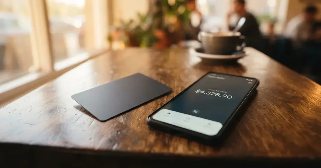A payment card next to a phone with a crypto wallet app open