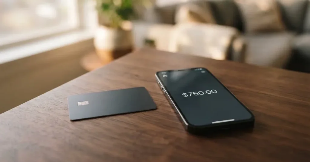 A payment card next to a phone with a crypto wallet app open