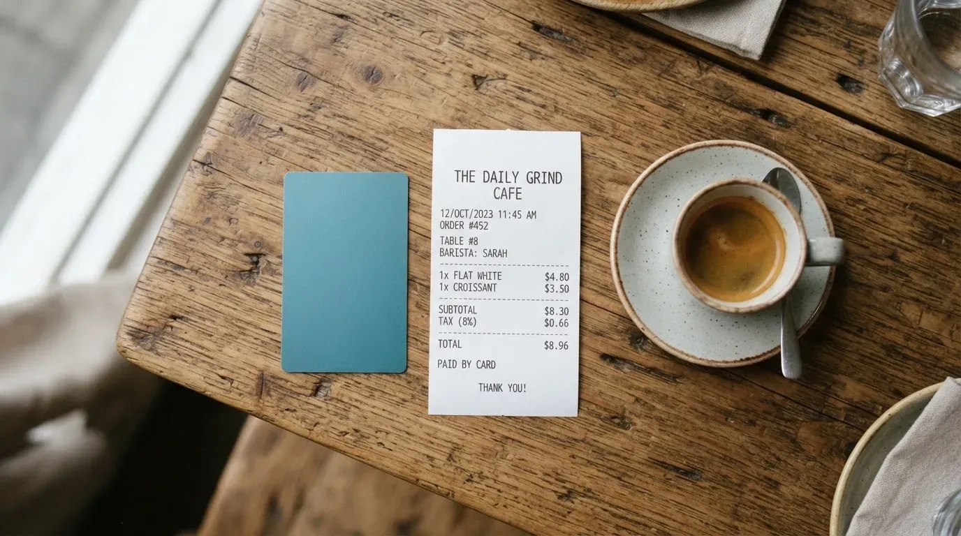 A receipt and a card on a café table