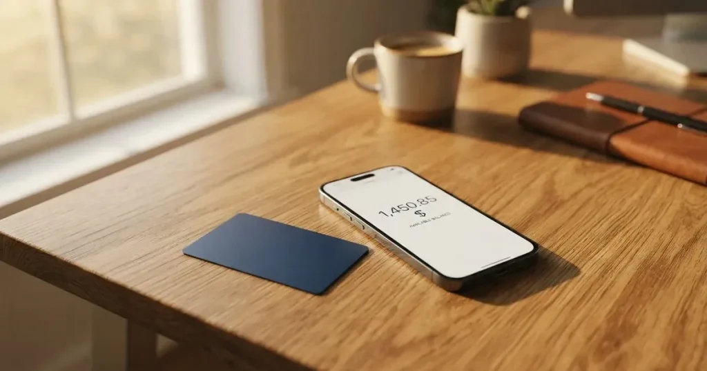 A payment card next to a phone with a crypto wallet app open