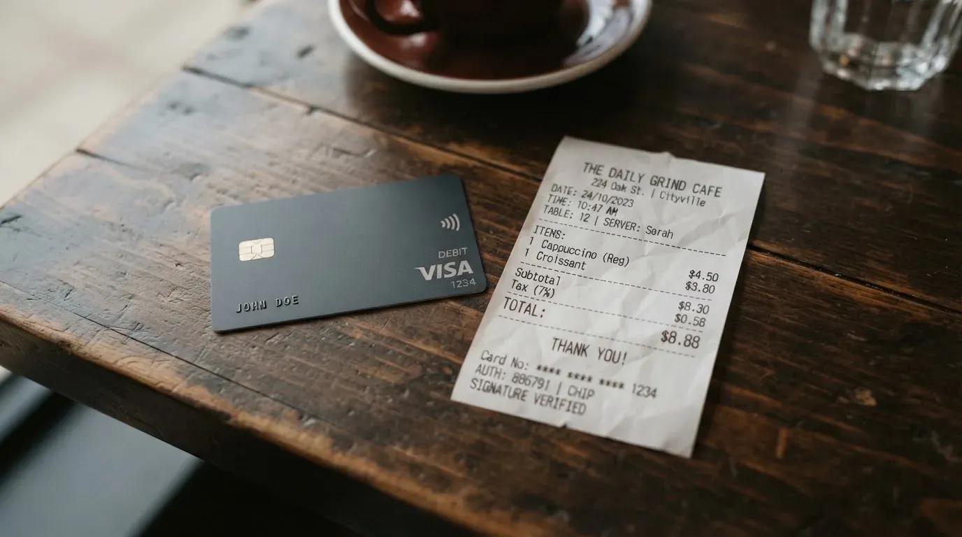 A receipt and a card on a café table