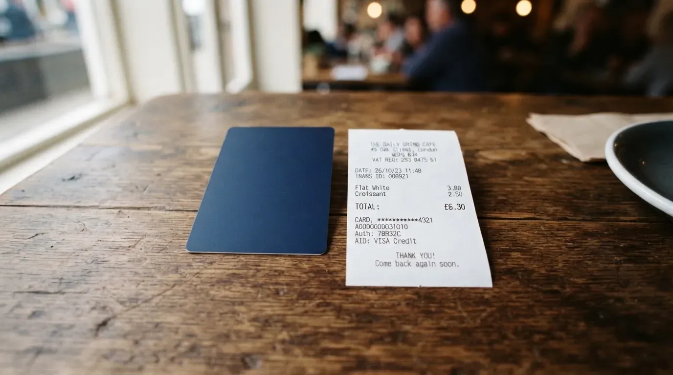 A receipt and a card on a café table