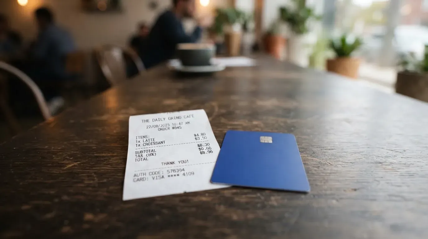 A receipt and a card on a café table