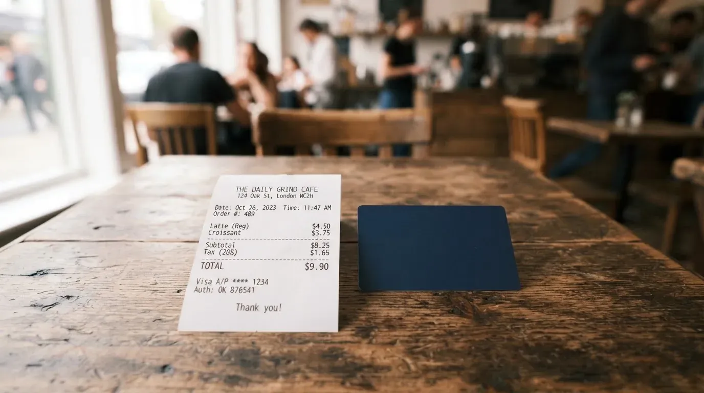 A receipt and a card on a café table