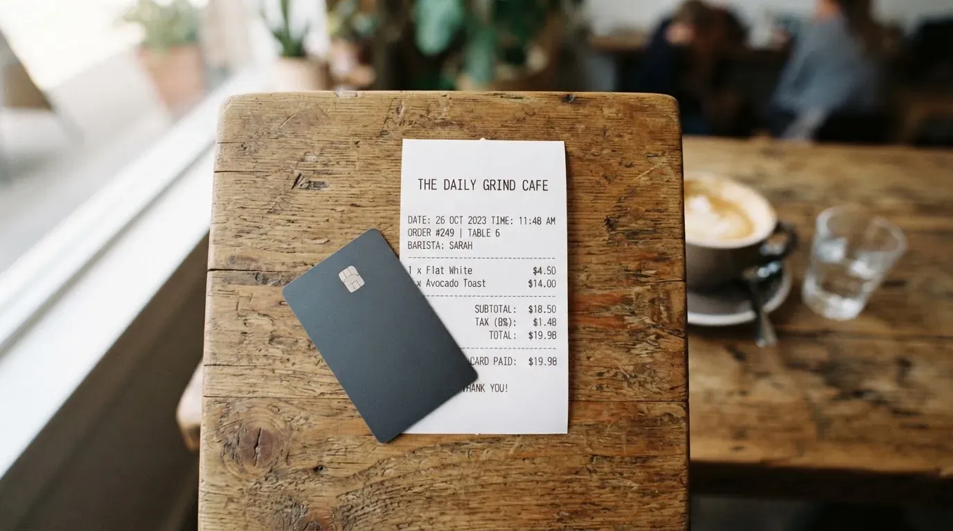 A receipt and a card on a café table
