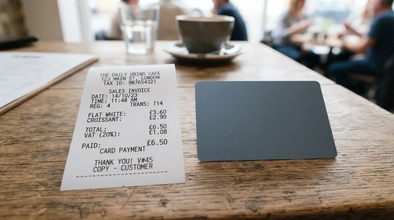 A receipt and a card on a café table