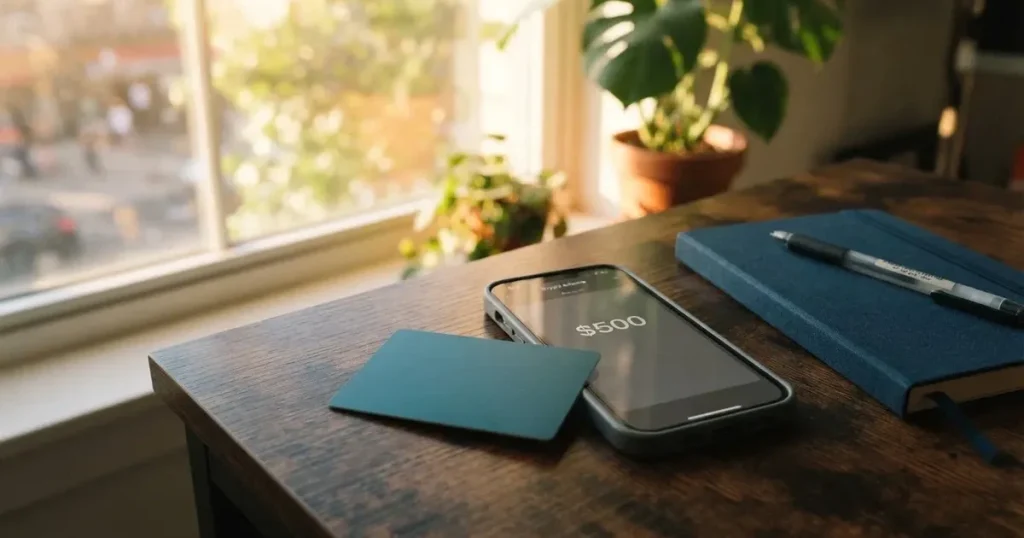 A payment card next to a phone with a crypto wallet app open