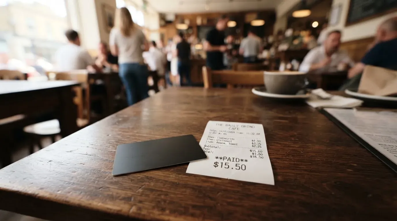 A receipt and a card on a café table