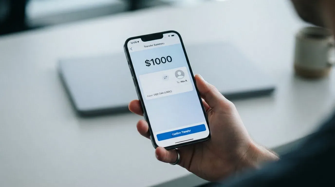 A phone showing a stablecoin transfer screen