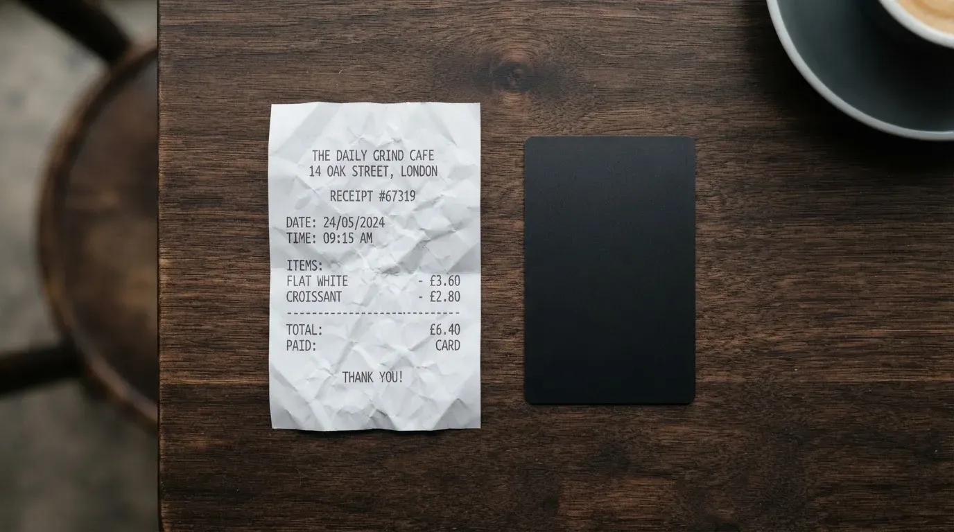 A receipt and a card on a café table