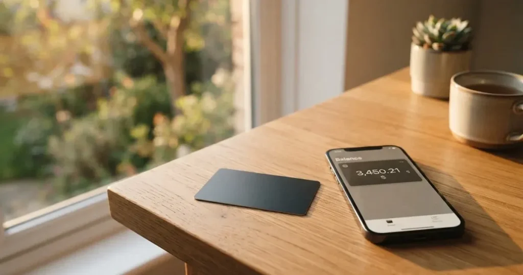 A payment card next to a phone with a crypto wallet app open