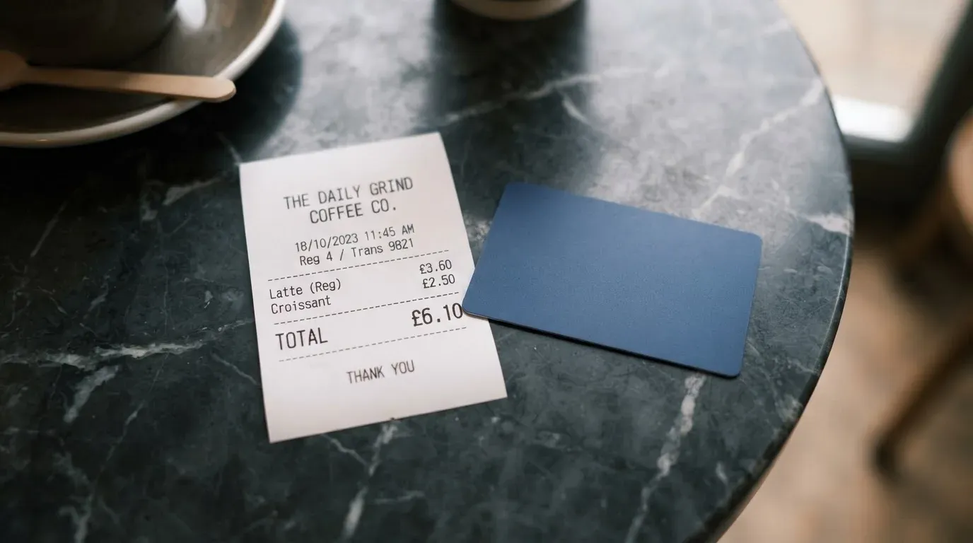 A receipt and a card on a café table