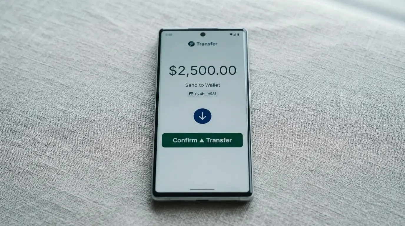 A phone showing a stablecoin transfer screen