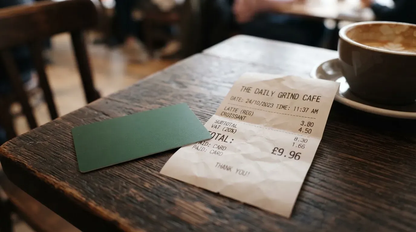 A receipt and a card on a café table