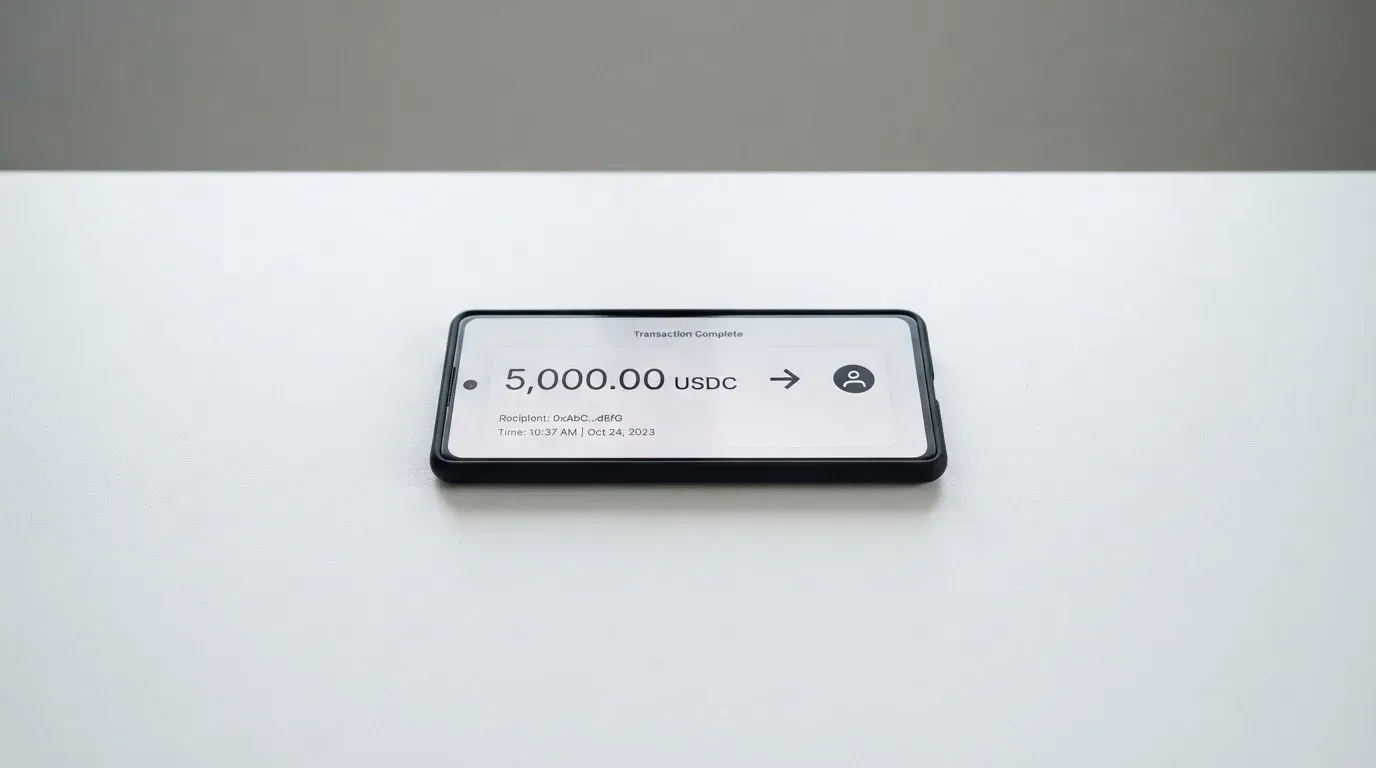 A phone showing a stablecoin transfer screen