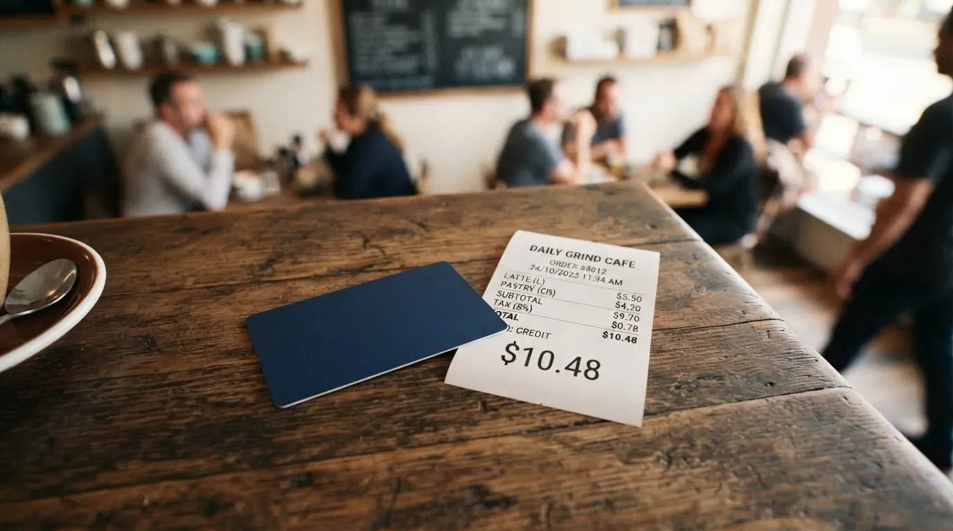 A receipt and a card on a café table