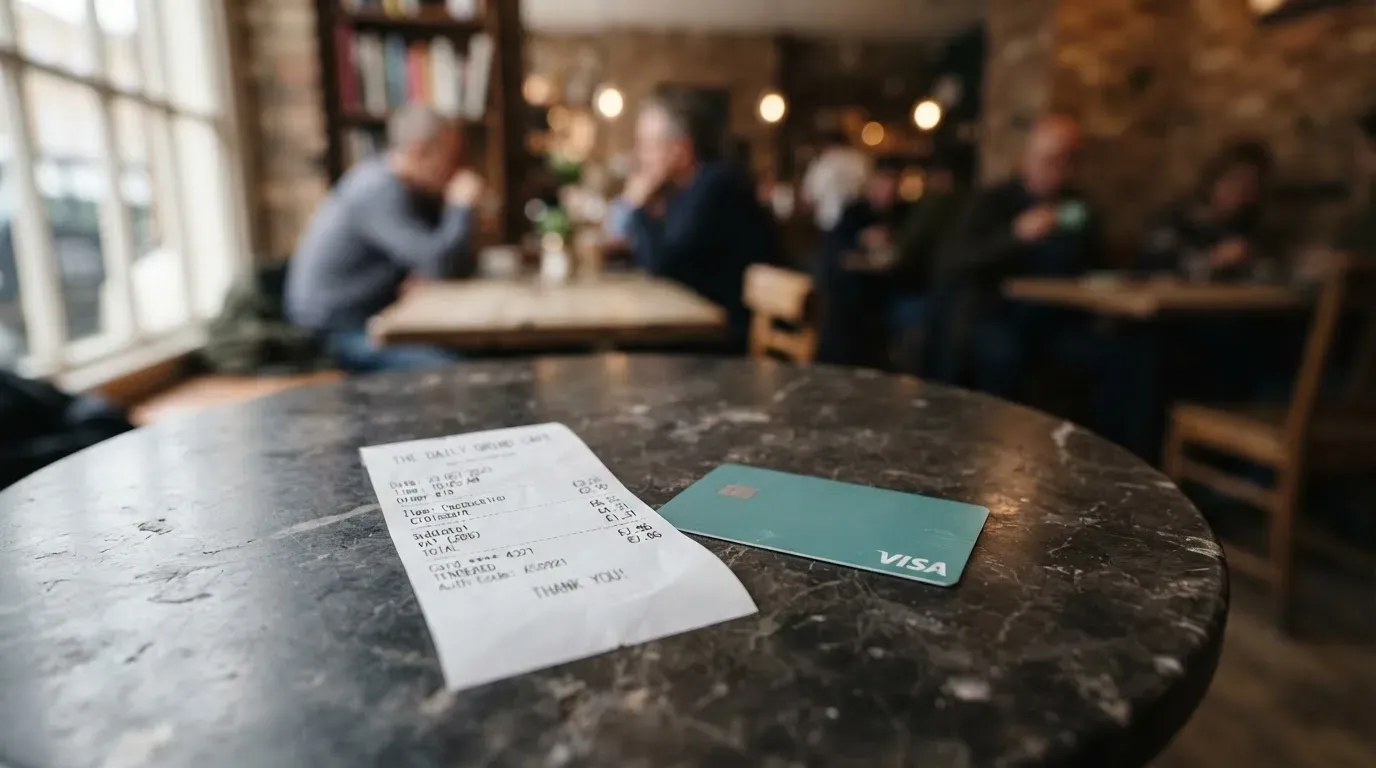 A receipt and a card on a café table