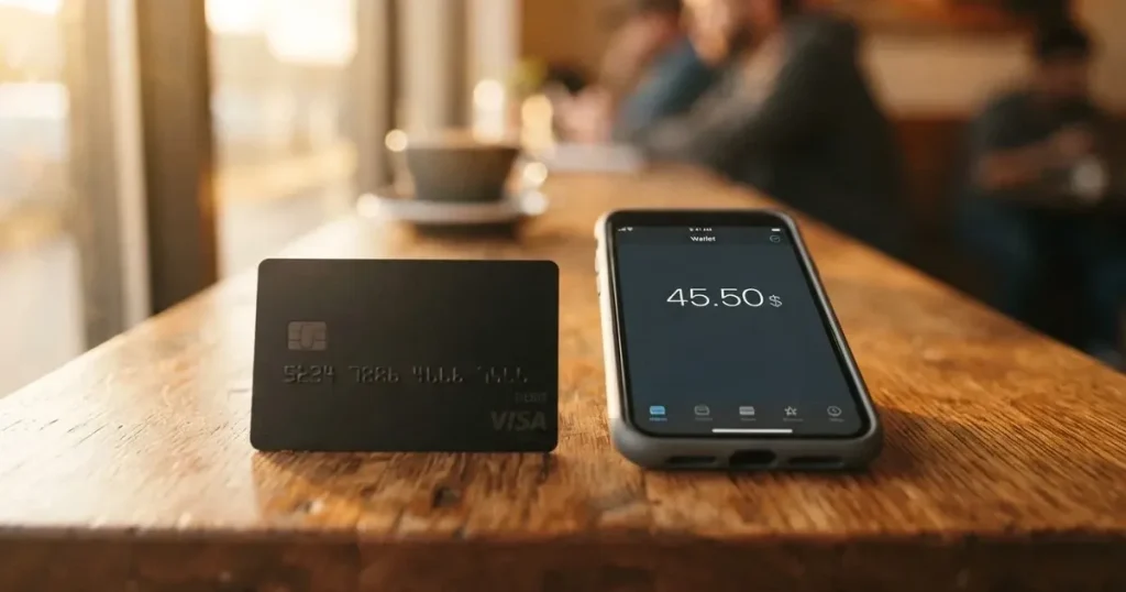 A payment card next to a phone with a crypto wallet app open
