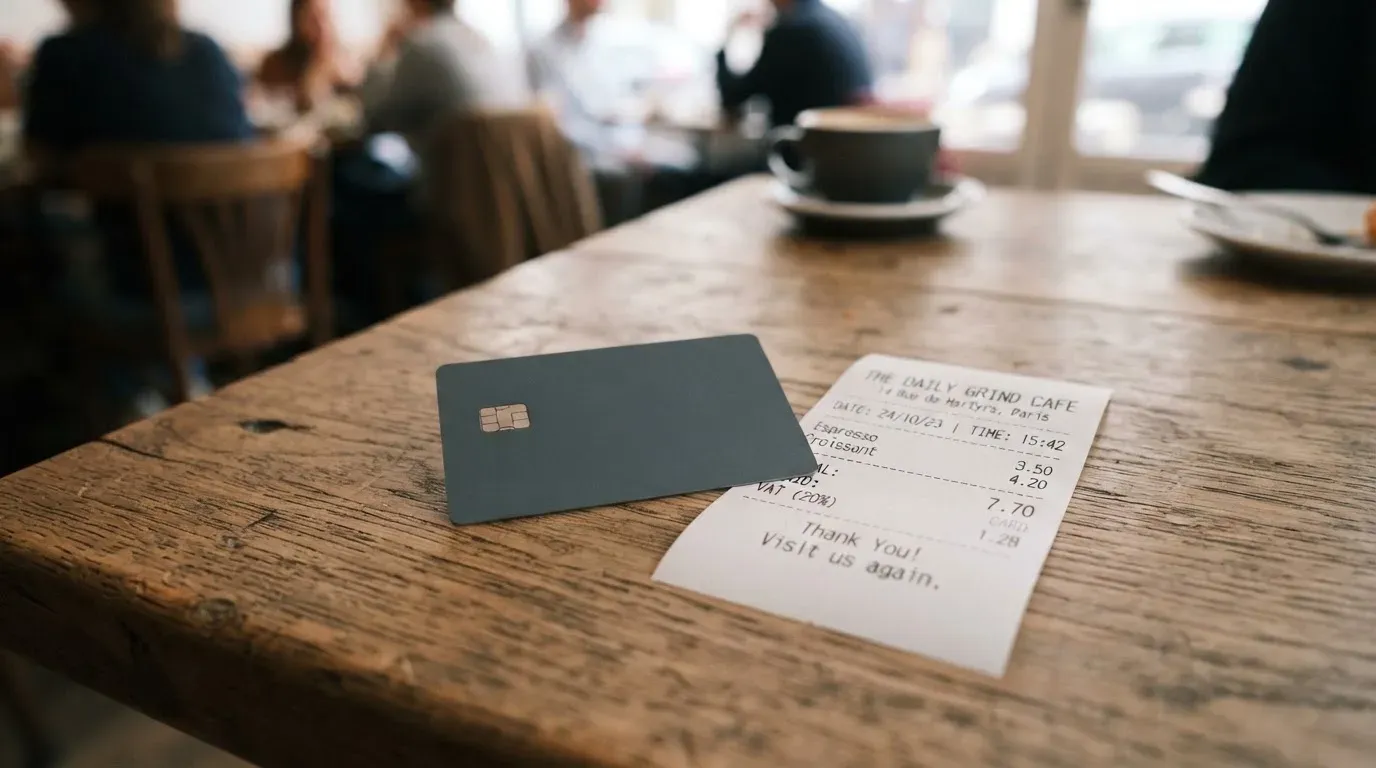 A receipt and a card on a café table