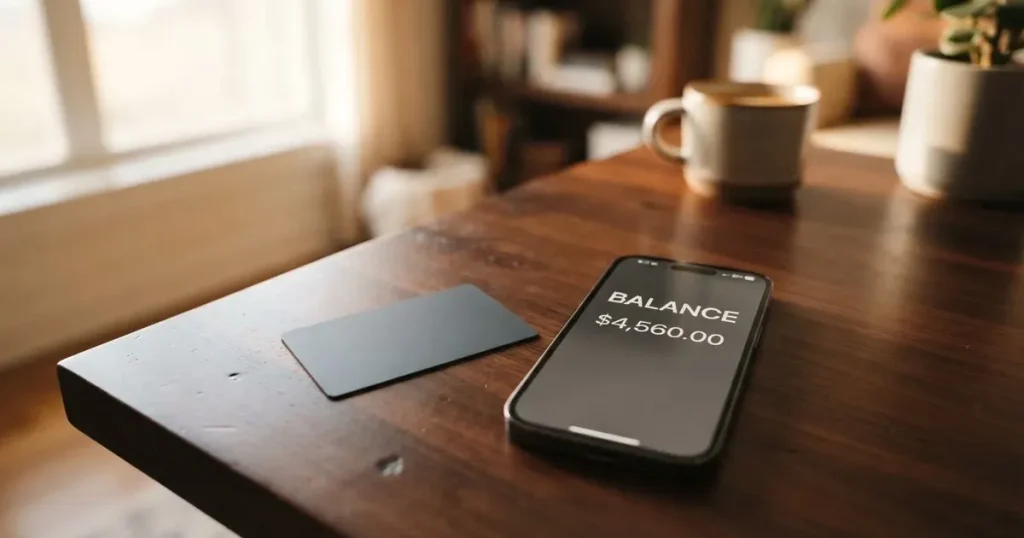 A payment card next to a phone with a crypto wallet app open