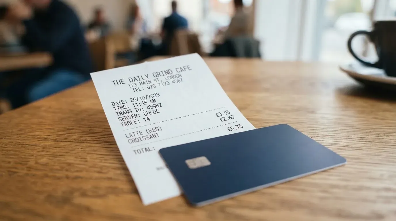 A receipt and a card on a café table